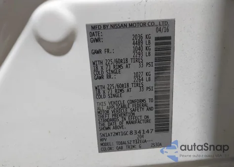 2016 Nissan Rogue Sl z USA, uszkodzony, nr VIN 5N1AT2MT1GC834147